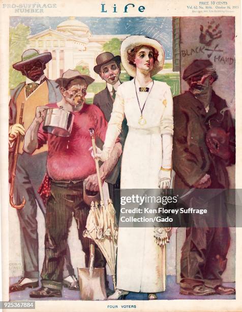 Color magazine cover, depicting several caricatured stereotypes, including an innocent young woman, dressed in white, an immigrant with knife and...