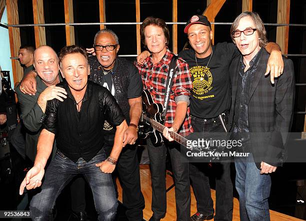 Billy Joel, Bruce Springsteen, Sam Moore, John Fogerty, Tom Morello and Jackson Browne attends the 25th Anniversary Rock & Roll Hall of Fame Concert...