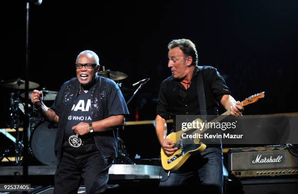 Sam Moore and Bruce Springsteen and the E Street Band performs on stage for the 25th Anniversary Rock & Roll Hall of Fame Concert at Madison Square...