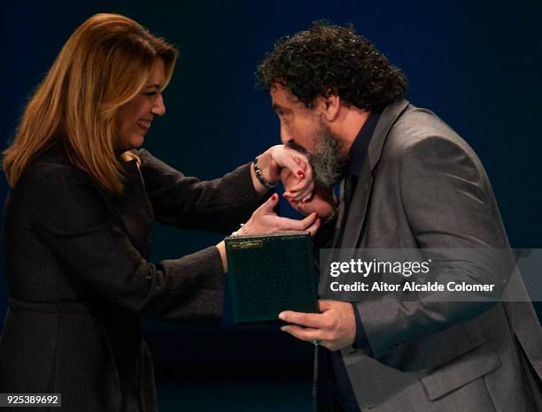 Spanish director Francisco Martinez Tous receives the medal from President of Andalusia Susana Diaz during the Medal of Andalucia awards 2018 at the...