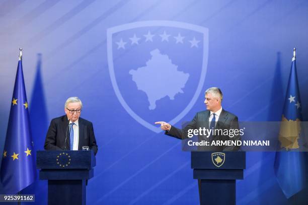 European Commission President Jean-Claude Juncker and Kosovo's President Hashim Taci hold a joint press conference following their meeting in...