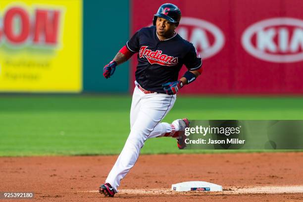 Jose Ramirez of the Cleveland Indians rounds the bases after hitting a two run home run during the first inning against the San Diego Padres at...