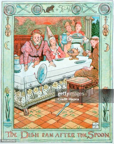 antique children book illustrations: the dish ran after the spoon - queen old young stock illustrations