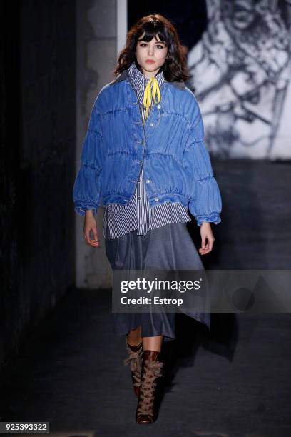 Model walks the runway during the Victoria/Tomas show as part of the Paris Fashion Week Womenswear Fall/Winter 2018/2019 on February 27, 2018 in...