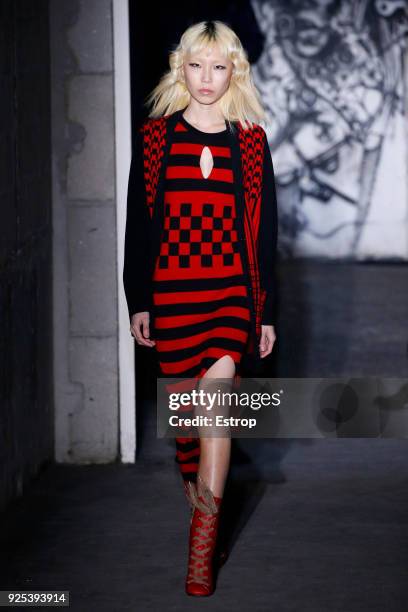 Model walks the runway during the Victoria/Tomas show as part of the Paris Fashion Week Womenswear Fall/Winter 2018/2019 on February 27, 2018 in...