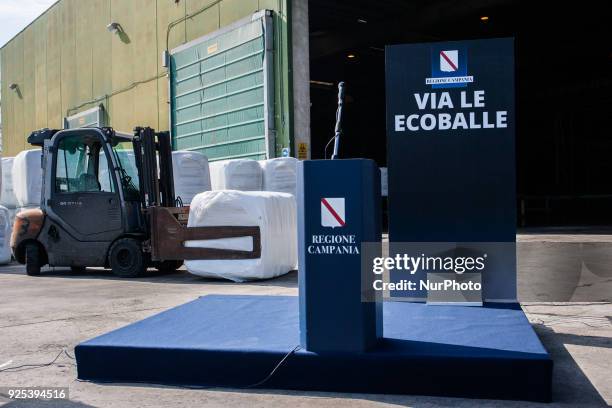 Region Campania Governor Vincenzo De Luca , attends a press conference at Ecoballe Plant STIR, in Giugliano, Italy, on February 28, 2018.