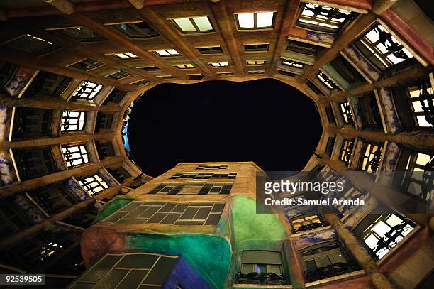 Night view inside "La Pedrera" building on October 30, 2009 in Barcelona, Spain. Casa Mila better known as La Pedrera , is a building designed by the...