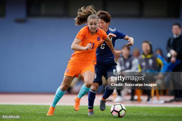 Lieke Martens of Holland Women, Saori Ariyoshi of Japan Women during the Algarve Cup Women match between Japan v Holland at the Estadio Municipal da...