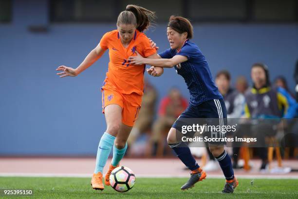 Lieke Martens of Holland Women, Saori Ariyoshi of Japan Women during the Algarve Cup Women match between Japan v Holland at the Estadio Municipal da...