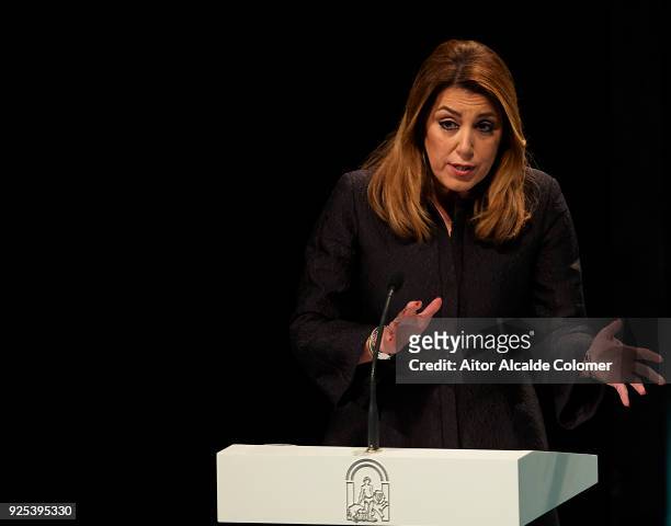 President of Andalusia Susana Diaz looks on during the Medal of Andalucia awards 2018 at the Teatro la Maestranza on February 28, 2018 in Seville,...