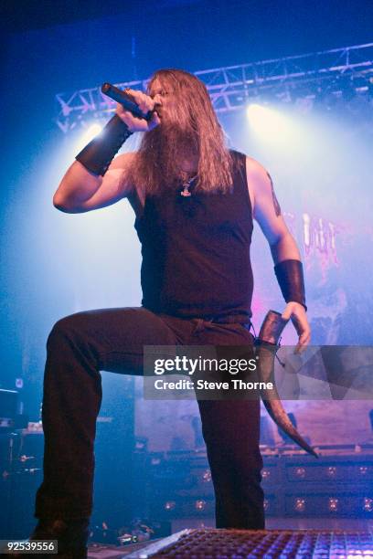 Johan Hegg of Amon Amarth performs on stage at Wulfrun Hall on October 28, 2009 in Wolverhampton, England.