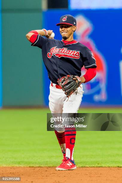 Shortstop Francisco Lindor of the Cleveland Indians throws out Hector Sanchez of the San Diego Padres at first during the ninth inning at Progressive...