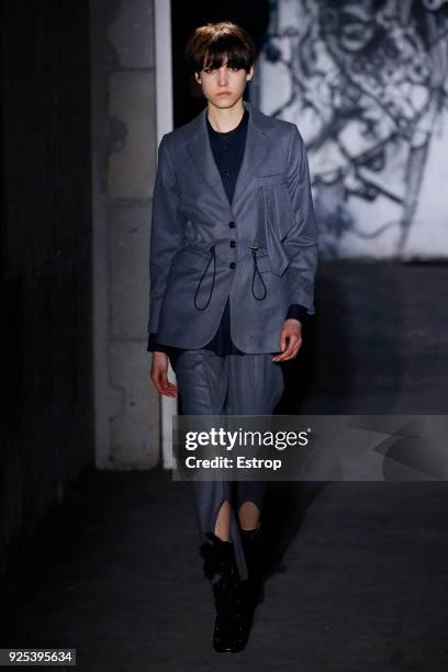 Model walks the runway during the Victoria/Tomas show as part of the Paris Fashion Week Womenswear Fall/Winter 2018/2019 on February 27, 2018 in...