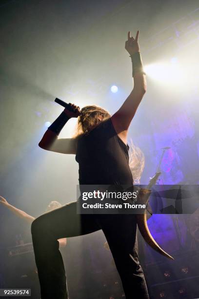 Johan Hegg of Amon Amarth performs on stage at Wulfrun Hall on October 28, 2009 in Wolverhampton, England.