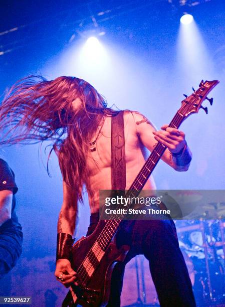 Ted Lundstrom of Amon Amarth performs on stage at Wulfrun Hall on October 28, 2009 in Wolverhampton, England.