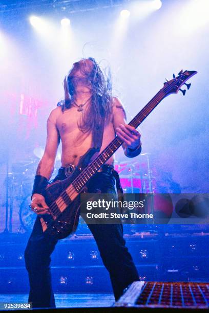 Ted Lundstrom of Amon Amarth performs on stage at Wulfrun Hall on October 28, 2009 in Wolverhampton, England.