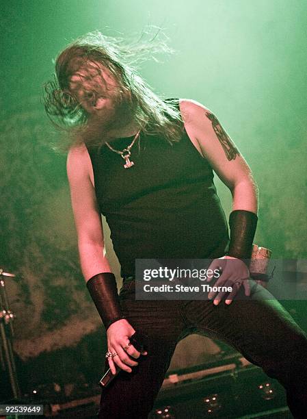 Johan Hegg of Amon Amarth performs on stage at Wulfrun Hall on October 28, 2009 in Wolverhampton, England.