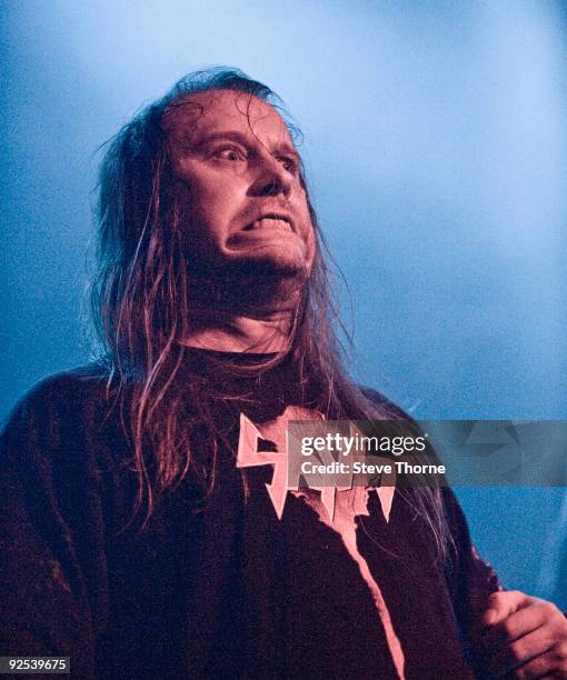 Lars Goran Petrov of Entombed performs on stage at Wulfrun Hall on October 28, 2009 in Wolverhampton, England.