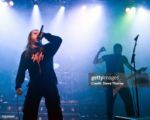 Lars Goran Petrov and Alex Hellid of Entombed perform on stage at Wulfrun Hall on October 28, 2009 in Wolverhampton, England.