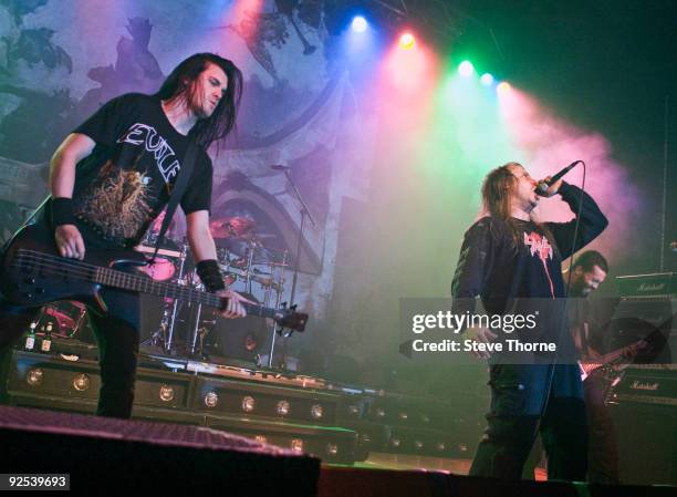 Nico Elgstrand, Lars Goran Petrov and Alex Hellid of Entombed performs on stage at Wulfrun Hall on October 28, 2009 in Wolverhampton, England.