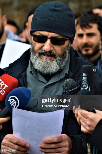 Man speaks as an organized group of pro-Islamic demonstrators makes a statement outside the main courthouse on the 21th anniversary of Turkey's...