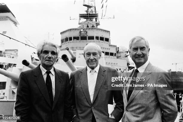 Charles Wheeler, Robert Dougall and Bill Pertwee, of Dad's Army, on HMS Belfast in London. They are helping to launch the BBC's programmes marking...