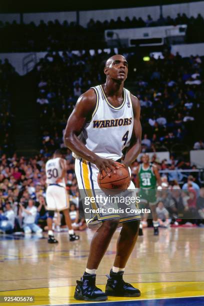 Chris Webber of the Golden State Warriors shoots a foul shot during a game played on February 19, 1994 at the Arena in Oakland in Oakland,...
