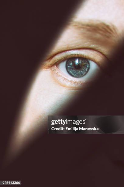 extremely close up of blue women's eye - close up body part stock pictures, royalty-free photos & images