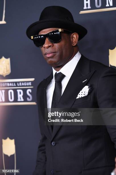 7th Annual NFL Honors: Portrait of NFL Network analyst Deion Sanders on red carpet before ceremony at Cyrus Northrop Memorial Auditorium....