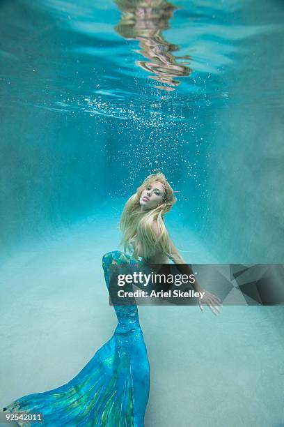 mermaid swimming under water - aleta de cola aleta fotografías e imágenes de stock