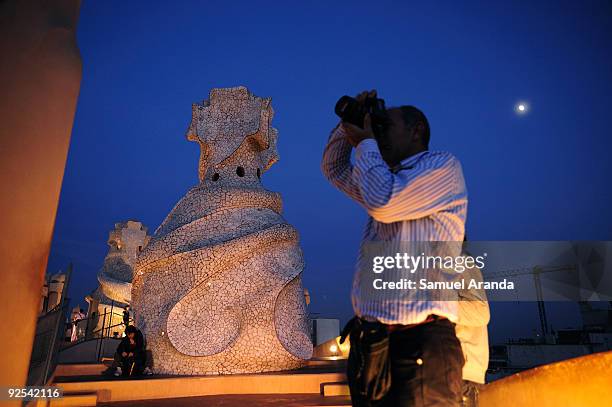 Night view at the roof of "La Pedrera" building on October 30, 2009 in Barcelona, Spain. Casa Mila, better known as La Pedrera , is a building...