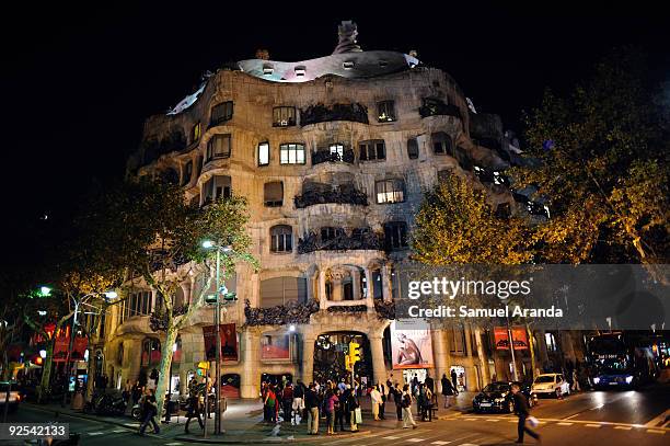 Night view of "La Pedrera" building on October 30, 2009 in Barcelona, Spain. Casa Mila, better known as La Pedrera , is a building designed by the...