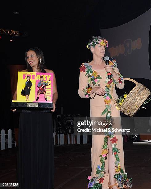 Actress Jamie Lee Curtis auctions off Freaky Friday memorabilia at the CAAF Dream Halloween Fundraiser at the Barker Hanger on October 24, 2009 in...