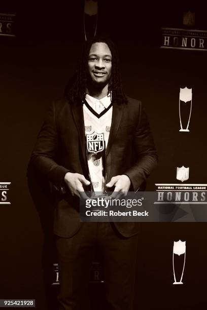 7th Annual NFL Honors: Portrait of Los Angeles Rams Todd Gurley holding Offensive Player of the Year Award on stage during ceremony at Cyrus Northrop...