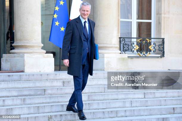 French Minister of Economics Bruno Le Maire leaves the Elysee Palace after the weekly cabinet meeting on February 28, 2018 in Paris, France.