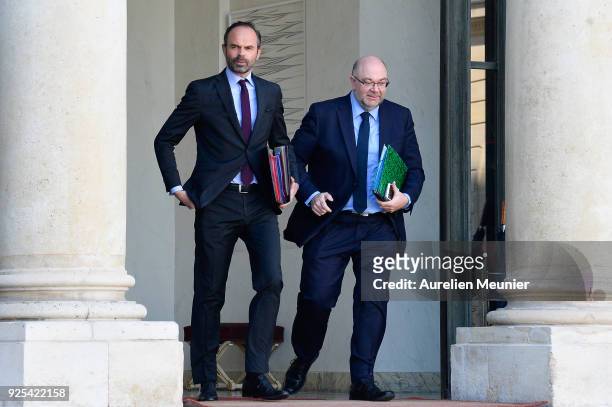 French Prime Minister Edouard Philippe and French Agriculture Minister Stephane Travert leave the Elysee Palace after the weekly cabinet meeting on...