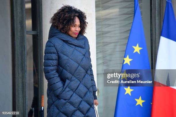 French Minister of Sports Laura Flessel leaves the Elysee Palace after the weekly cabinet meeting on February 28, 2018 in Paris, France.