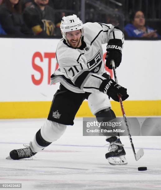 Torrey Mitchell of the Los Angeles Kings passes against the Vegas Golden Knights in the first period of their game at T-Mobile Arena on February 27,...