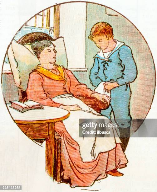 antique children book illustrations: woman and boy - medical eye patch stock illustrations