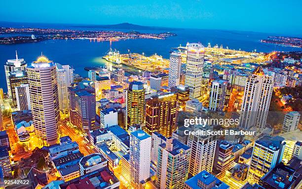 auckland skyline from sky tower  - auckland skyline stock pictures, royalty-free photos & images