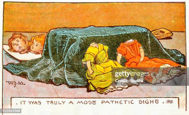 antique children book illustrations: decapitated dolls - horror story stock illustrations
