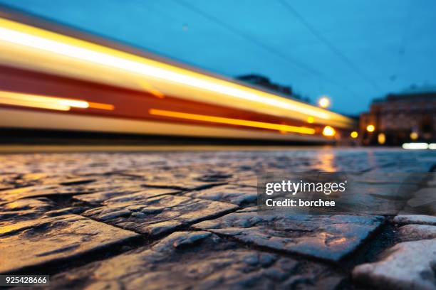 night tram in prague - prague tram stock pictures, royalty-free photos & images