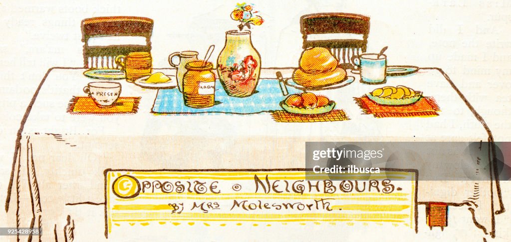 Antique children book illustrations: Breakfast table