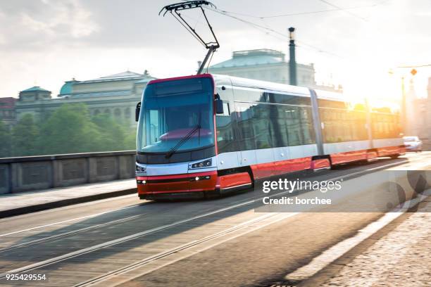 moving tram in prague - prague tram stock pictures, royalty-free photos & images