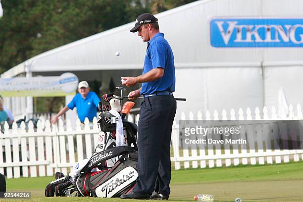 Nicolas Thompson stands on the putting green waiting for word when first round play would begin in the Viking Classic at the Annandale Golf Club on...