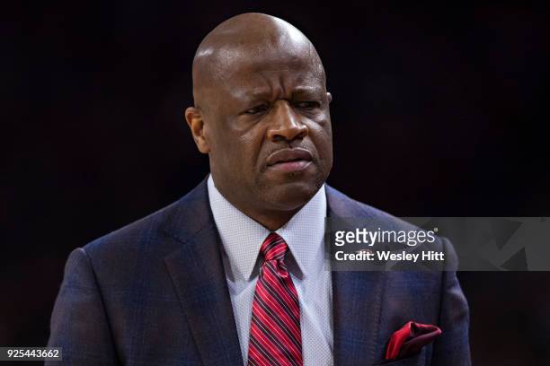 Head Coach Mike Anderson of the Arkansas Razorbacks looks unhappy during a game against the Texas A&M Aggies at Bud Walton Arena on February 17, 2018...