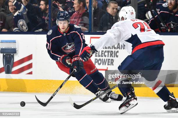 Josh Anderson of the Columbus Blue Jackets skates against the Washington Capitals on February 26, 2018 at Nationwide Arena in Columbus, Ohio.