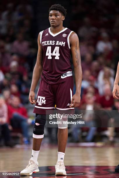 Robert Williams of the Texas A&M Aggies standing at mid court during a game against the Arkansas Razorbacks at Bud Walton Arena on February 17, 2018...