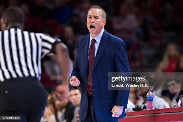 Head Coach Billy Kennedy of the Texas A&M Aggies yells to his team during a game against the Arkansas Razorbacks at Bud Walton Arena on February 17,...