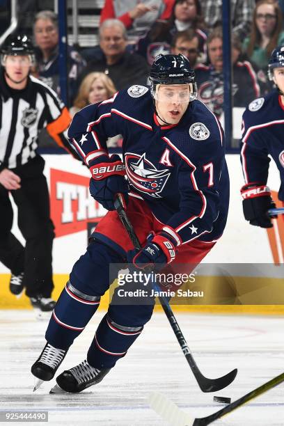 Jack Johnson of the Columbus Blue Jackets skates against the Washington Capitals on February 26, 2018 at Nationwide Arena in Columbus, Ohio.